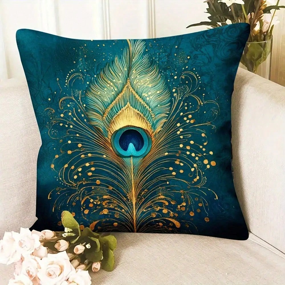 Pillow Insert 18X18 - 18x18インチ グリーンターコイズ ピーコックフェザー柄クッションカバー - 豪華なボーホースタイルカバー、ターコイズとジェイドの色合い、ソファ、ベッド、椅子の装飾に最適、現代的なラグジュアリー枕カバー（中身なし）