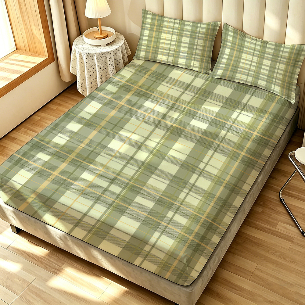 Bed Sheet Microfiber - 90G 3点寝具セット 1枚のフィットシーツ+2枚の枕カバー ライトグリーンの格子柄 ソフトマイクロファイバーベッドシーツセット 寝室用