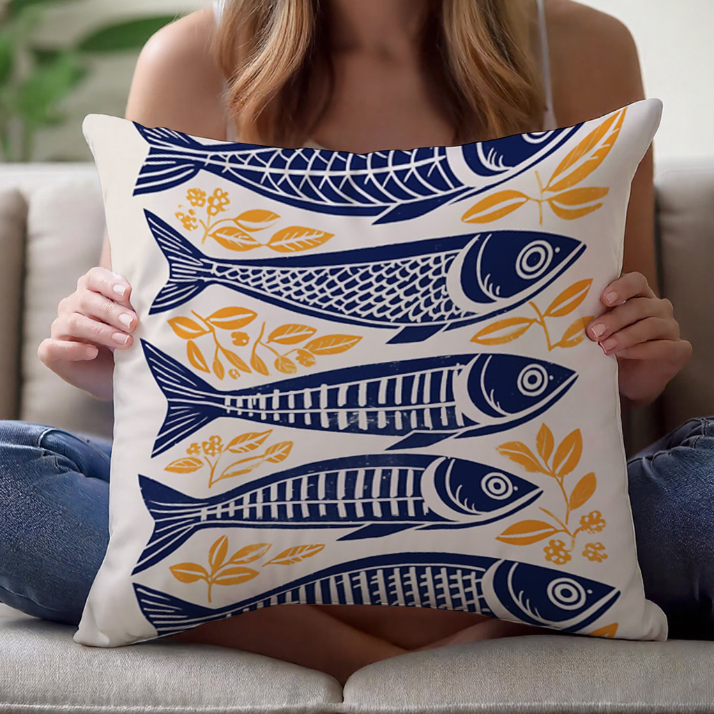 Pillow Insert 18X18 - 1pc デンマーク木版画イワシ枕カバー 16x16/18x18/20x20 インチ両面ポリエステル装飾用インサートなし