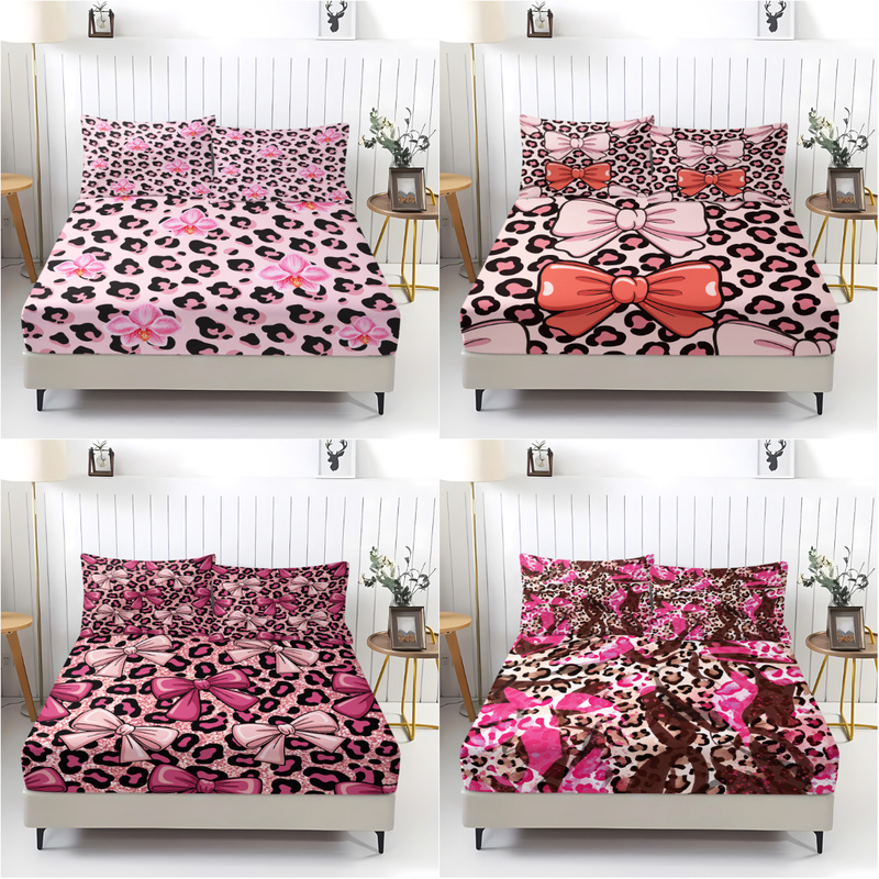 Bed Sheet Microfiber - ピンクのレオパード柄フィットシーツ3点セット（フィットシーツ1枚＋枕カバー2枚、枕芯は含まれません）寝室用ソフトマイクロファイバー寝具セット