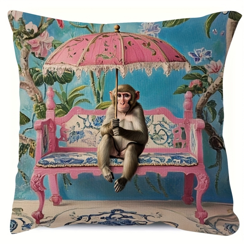 Pillow Insert 18X18 - 1個、レトロピンクの中国風モンキー柄枕カバー、18x18インチ、片面装飾枕カバー、ソファ、椅子、ベッド、車に最適 - 洗濯機で洗える、ジッパー開閉、ポリエステル製、中身は含まれていません、かわいい枕