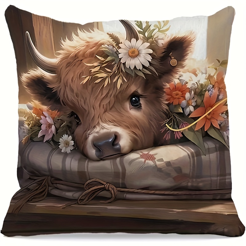Pillow Insert 18X18 - 2Dフラット - ハイランドカウ柄枕カバー1枚、2Dフラット両面プリント、デイジーフローラルカウ柄クッションケース、春夏ホームデコレーション、複数サイズ展開（16X16、18X18、20X20インチ）、枕芯は含まれていません。