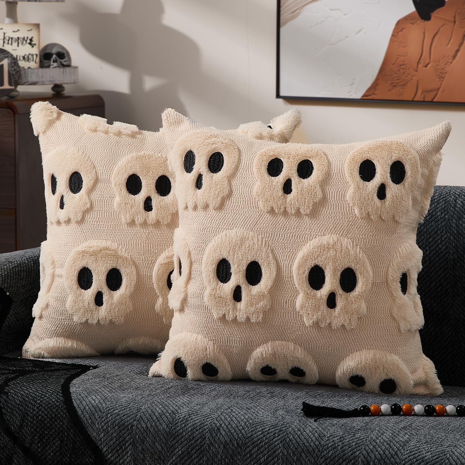 Pillow Insert 18X18 - ハロウィン枕カバー 18x18 インチ ベージュ スケルトン ハロウィンデコレーション