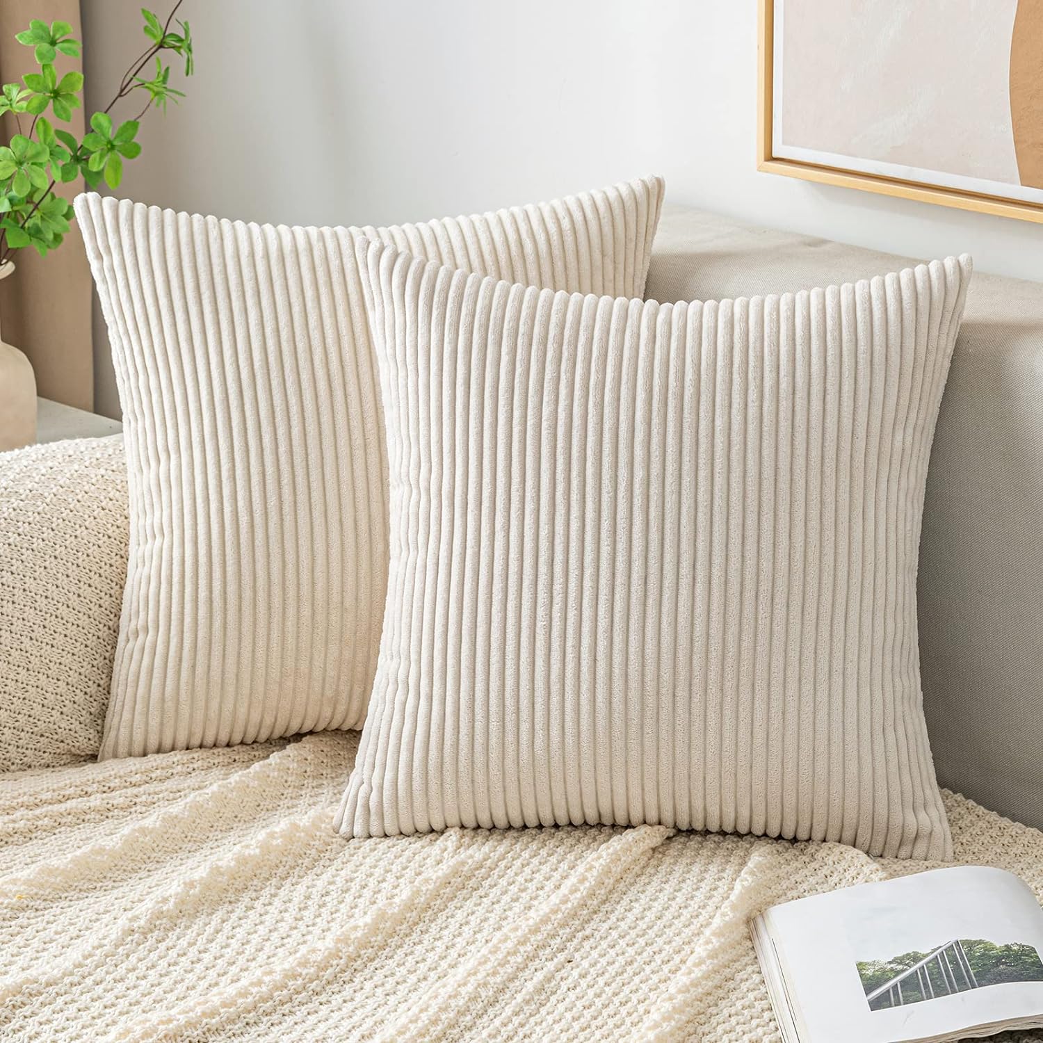 Pillow Insert 18X18 - 装飾的なソフトストライプクッションカバー、スローピローカバー、コーデュロイ、ソファ、ベッドルーム、ベージュ、スプリング、18x18
