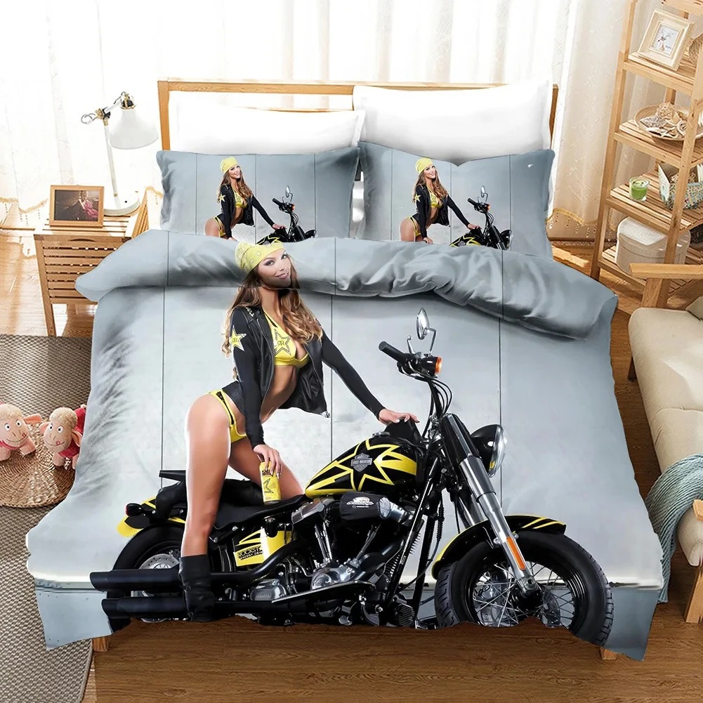 Bed Sheet Microfiber - セクシーガールモトクロス布団カバー、エクストリームスポーツをテーマにした寝具セット、男の子、ティーン、男性向け、マイクロファイバー3Dビューティークイーンキングキルトカバー