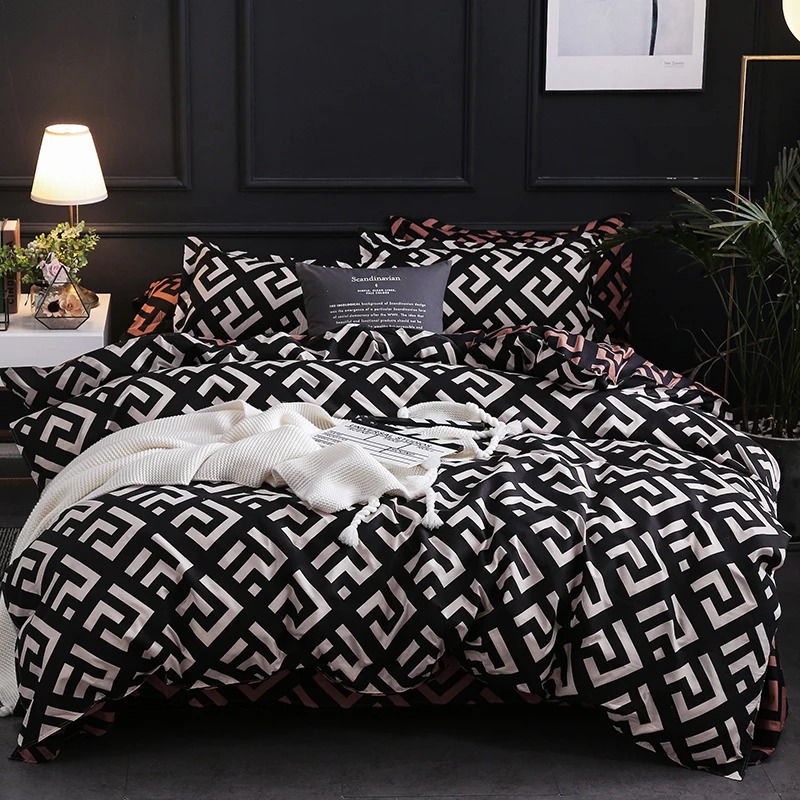 Home Textiles Bedding - 枕カバー付きデラックスベッドリネンセット,掛け布団カバー,フルサイズ,クイーン,キング,ダブル,シングル,ブラック