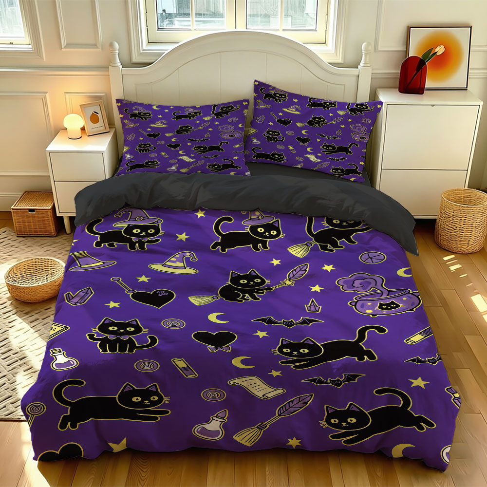 Home Textiles Bedding - ハロウィーン柄の黒猫と魔法使いのプリントが施された3点セットの寝具セット。中綿は入っていません。柔らかい素材で作られており、寝具として使用できます。