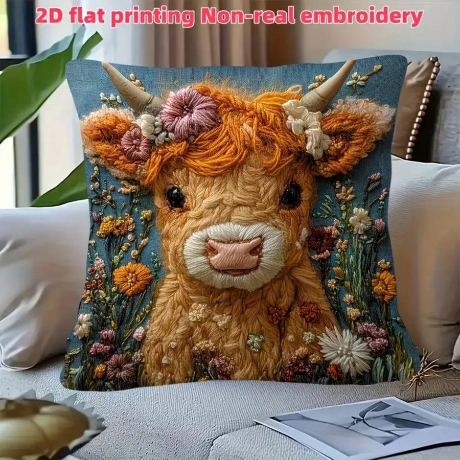 ヴィンテージハイランドカウ装飾枕カバー1枚、2D刺繍風プリン - Pillow Insert 18X18 のレビューと価格