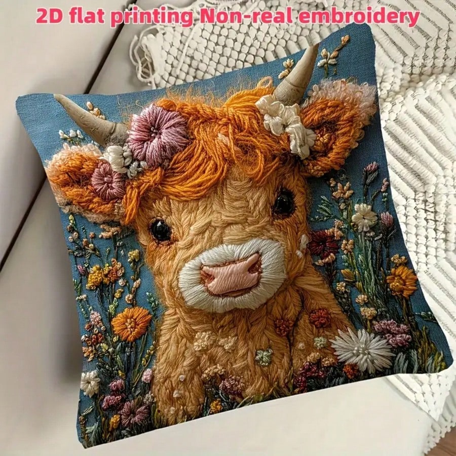 ヴィンテージハイランドカウ装飾枕カバー1枚、2D刺繍風プリン - Pillow Insert 18X18 のレビューと価格