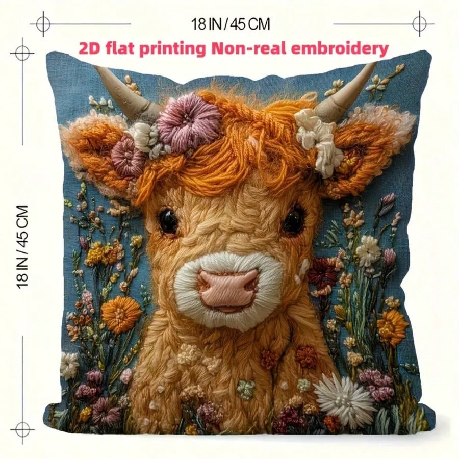 ヴィンテージハイランドカウ装飾枕カバー1枚、2D刺繍風プリン - Pillow Insert 18X18 のレビューと価格