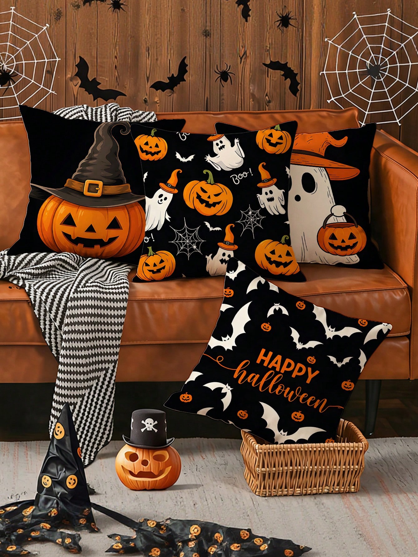ハロウィーン柄の枕カバー4枚セット。ポリエステル素材で、リビ - Pillow Insert 18X18 のレビューと価格