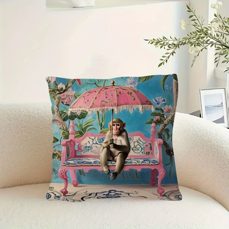 1個、レトロピンクの中国風モンキー柄枕カバー、18x18イン - Pillow Insert 18X18 のレビューと価格