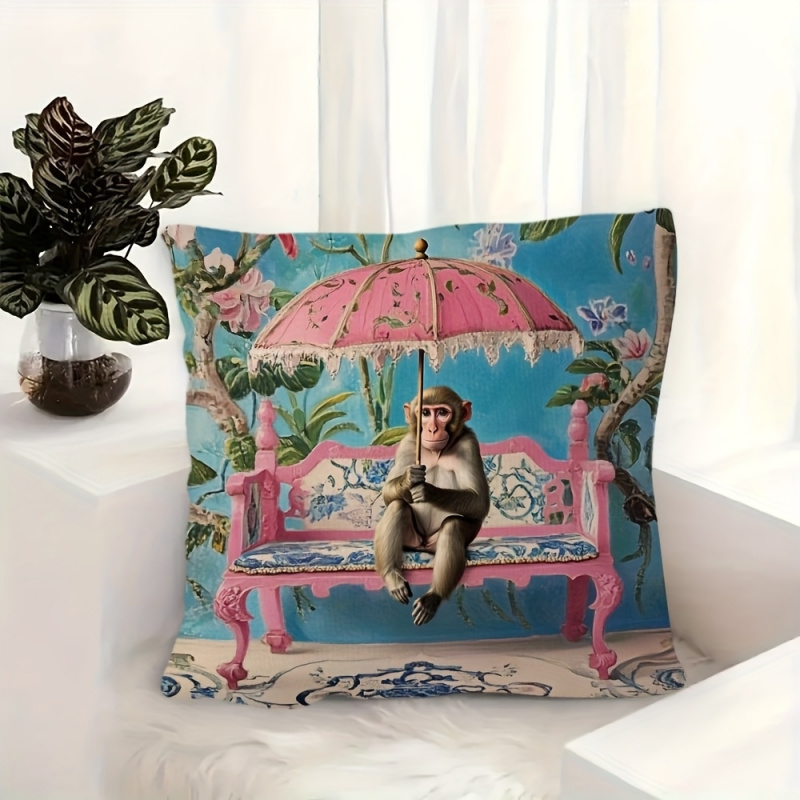 1個、レトロピンクの中国風モンキー柄枕カバー、18x18イン - Pillow Insert 18X18 のレビューと価格
