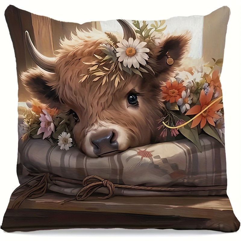 2Dフラット - ハイランドカウ柄枕カバー1枚、2Dフラット - Pillow Insert 18X18 のレビューと価格