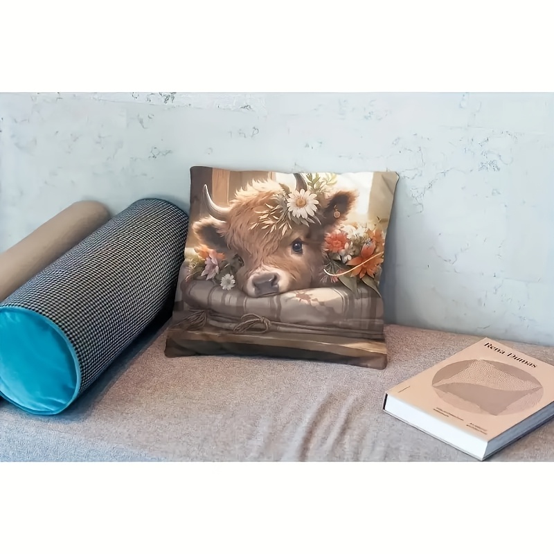 2Dフラット - ハイランドカウ柄枕カバー1枚、2Dフラット - Pillow Insert 18X18 のレビューと価格