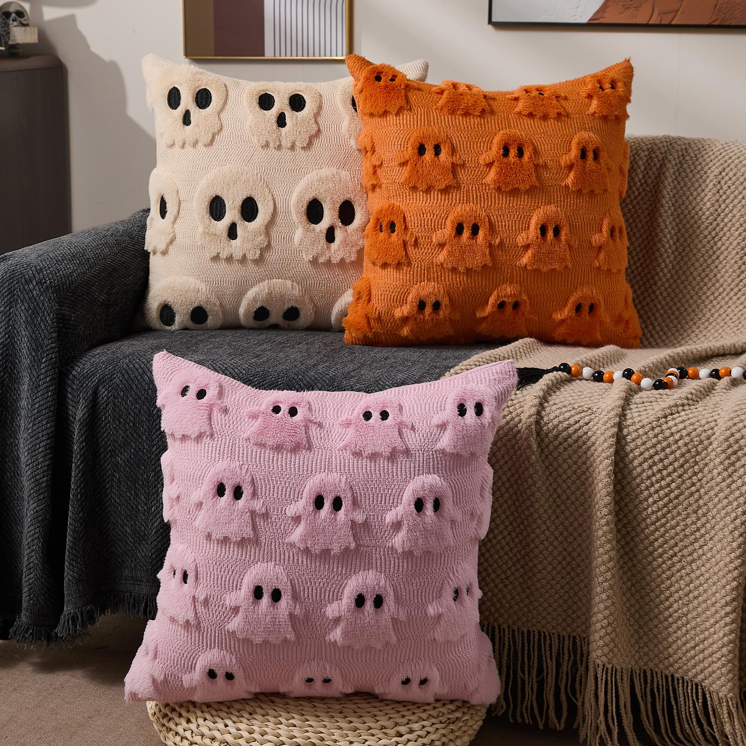 ハロウィン枕カバー 18x18 インチ ベージュ スケルトン - Pillow Insert 18X18 のレビューと価格