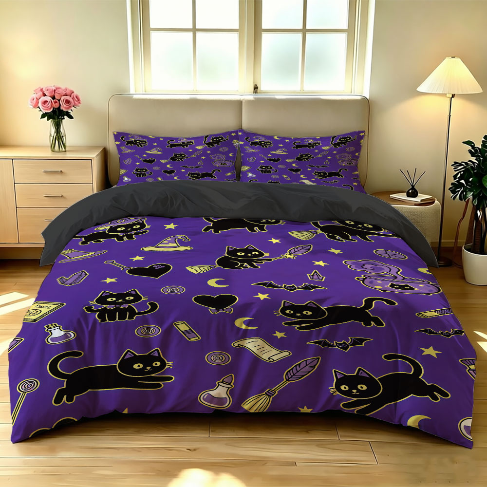 ハロウィーン柄の黒猫と魔法使いのプリントが施された3点セット - Home Textiles Bedding のレビューと価格