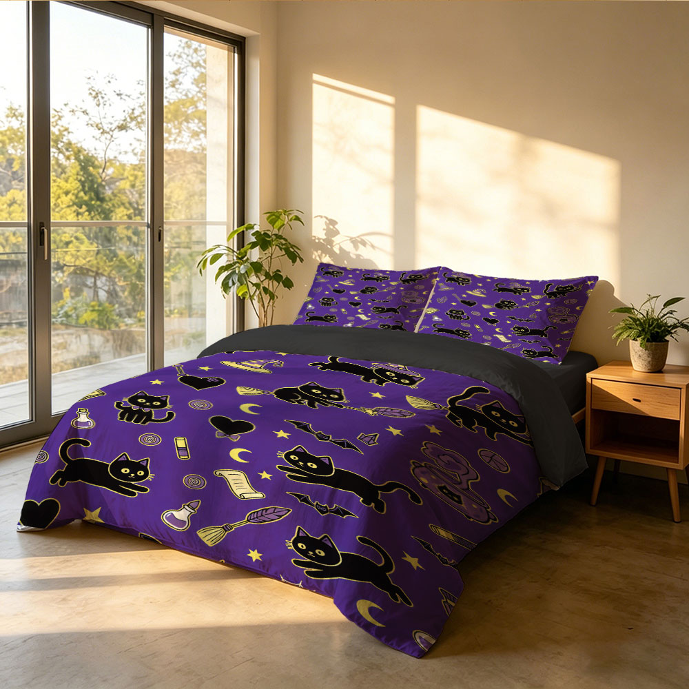 ハロウィーン柄の黒猫と魔法使いのプリントが施された3点セット - Home Textiles Bedding のレビューと価格